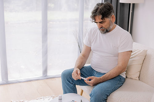 Man sitting on couch preparing to take hormones